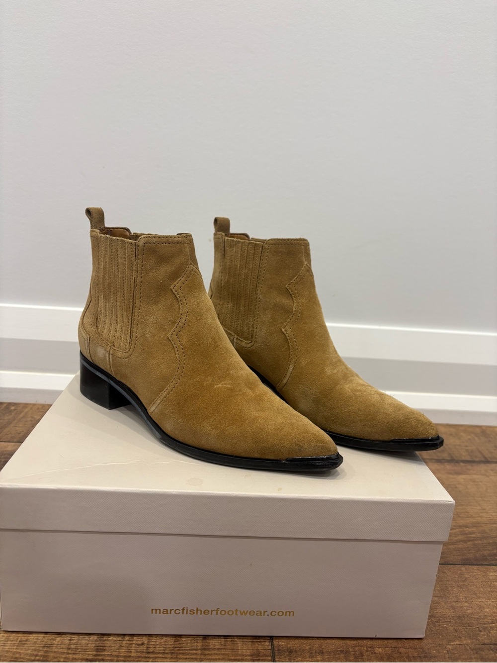 Marc Fisher Tan Suede Pointed Western Ankle Boots